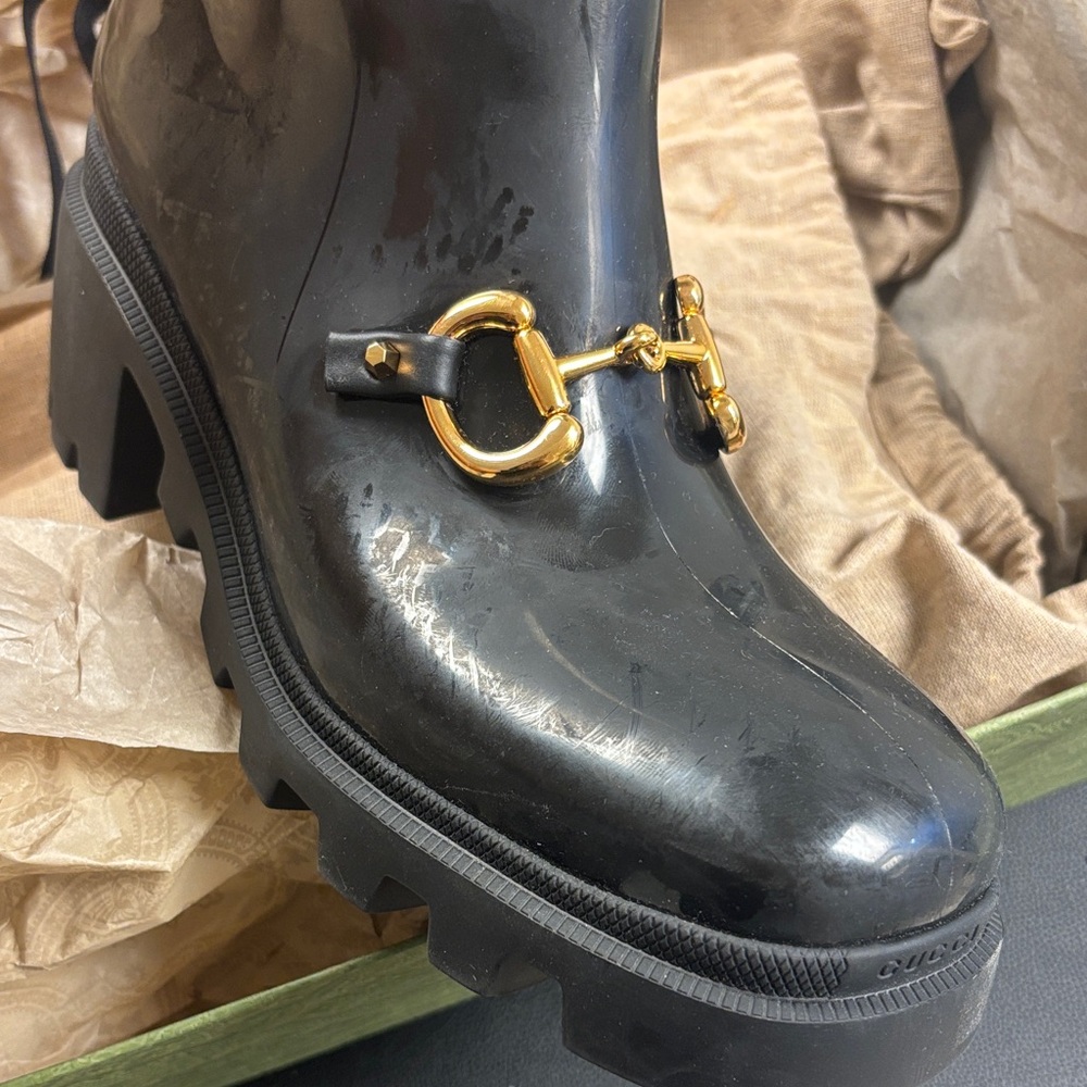 Gucci Black Ankle Boots with Gold Accent - Picture 3 of 4
